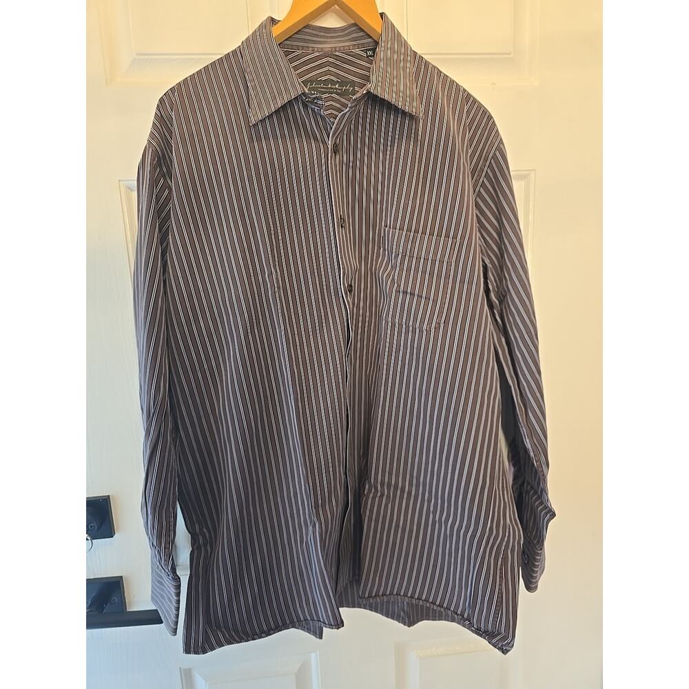 Johnston Murphy Dress Shirt Mens XXL Brown With Blue Stripe Cotton Button Up